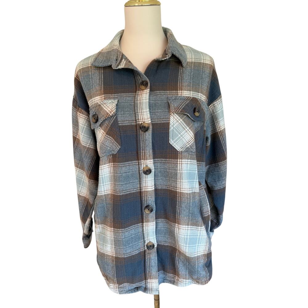 Supplies by UNIONBAY Women's Blue Brown Plaid Flannel Shacket Button Up Size M